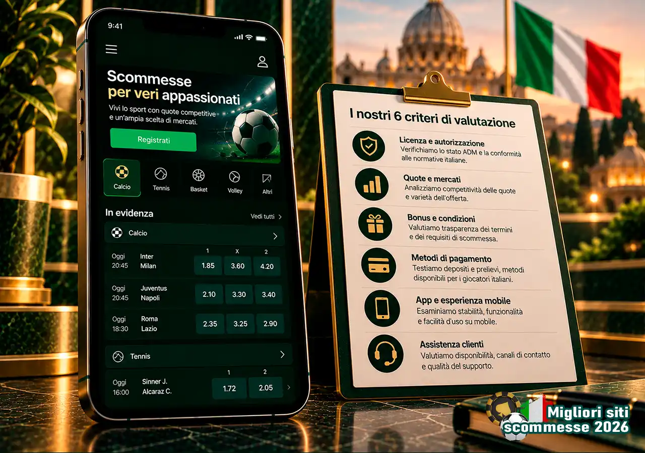 Sei criteri di valutazione dei bookmaker in una checklist accanto alla recensione mobile.